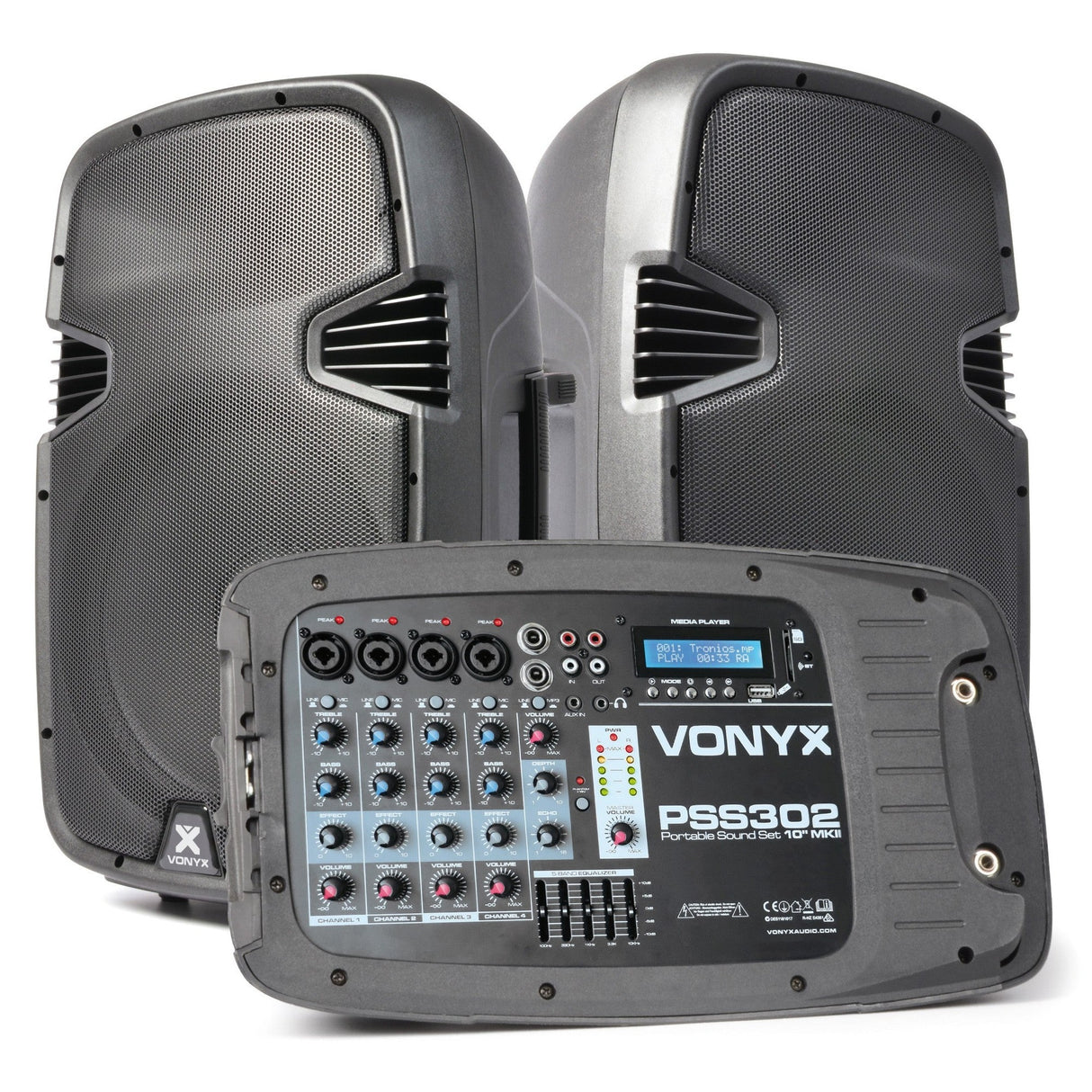 VONYX PSS302 Draagbare 300W Geluidsset met 10 inch Speakers, Bluetooth en 8-Kanaals Mixer