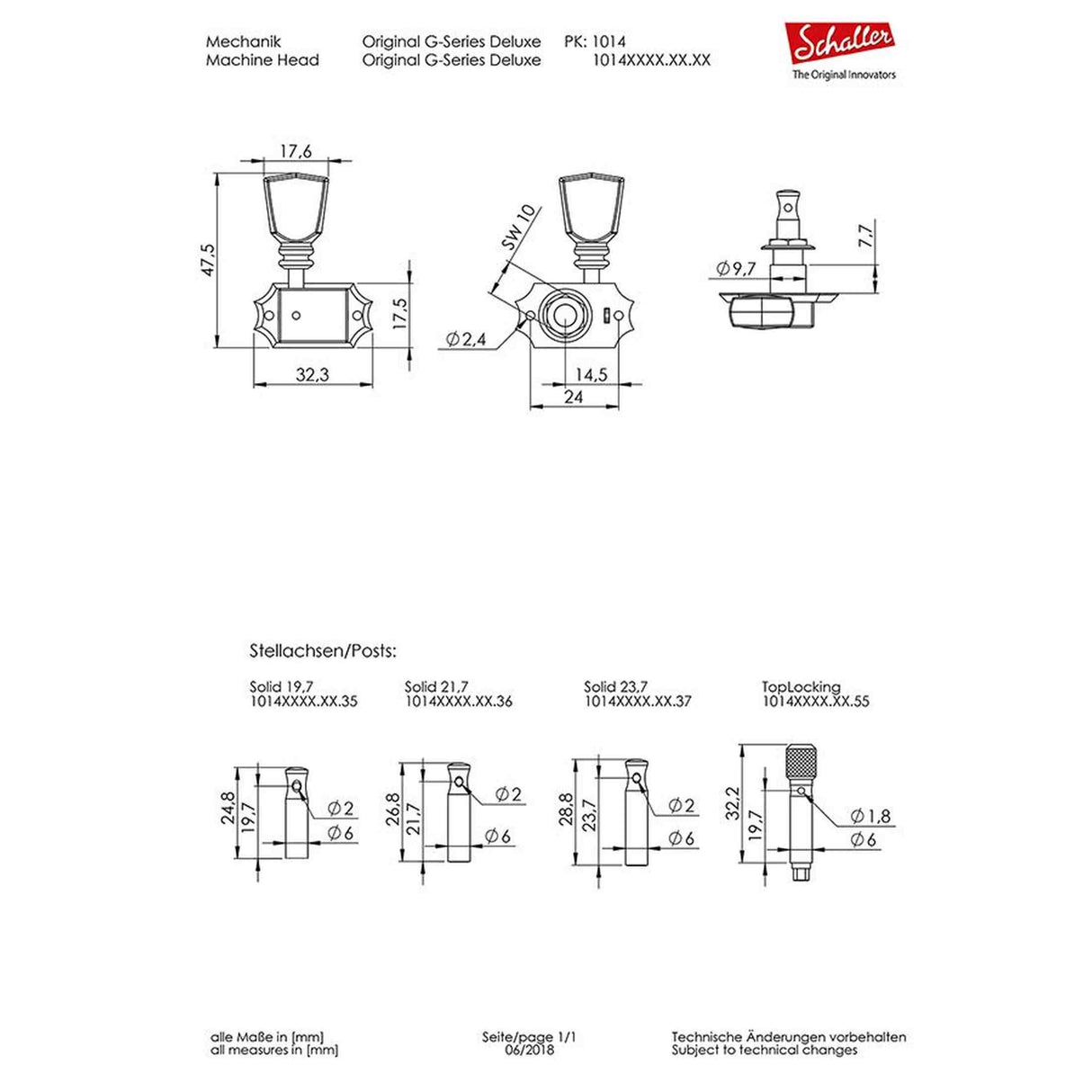 Schaller 101401231636 Stemmechanieken 3L3R Deluxe KeyStone. 21.7x6mm solid shaft, nikkel