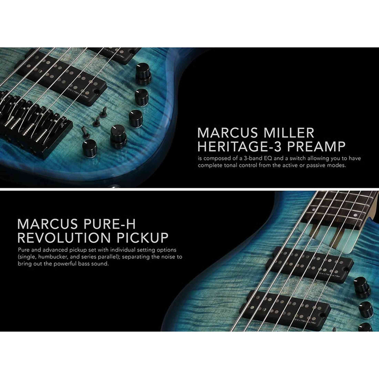 Sire M7+ A6/TBK Marcus Miller 6-snarige basgitaar, swamp ash met flame maple top, 35 inch, Heritage-3 preamp, Transparent Black