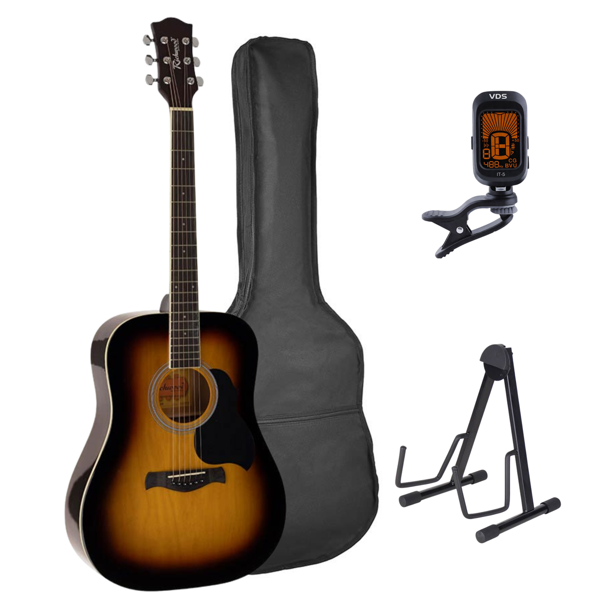 Richwood RD-12-SB Artist Series Dreadnought Akoestische Gitaarset Sunburst met Stemapparaat, Tas en Gitaarstandaard