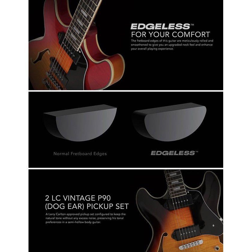 Sire Guitars H7VL/VS Linkshandige elektrische archtop gitaar met P90s vintage sunburst