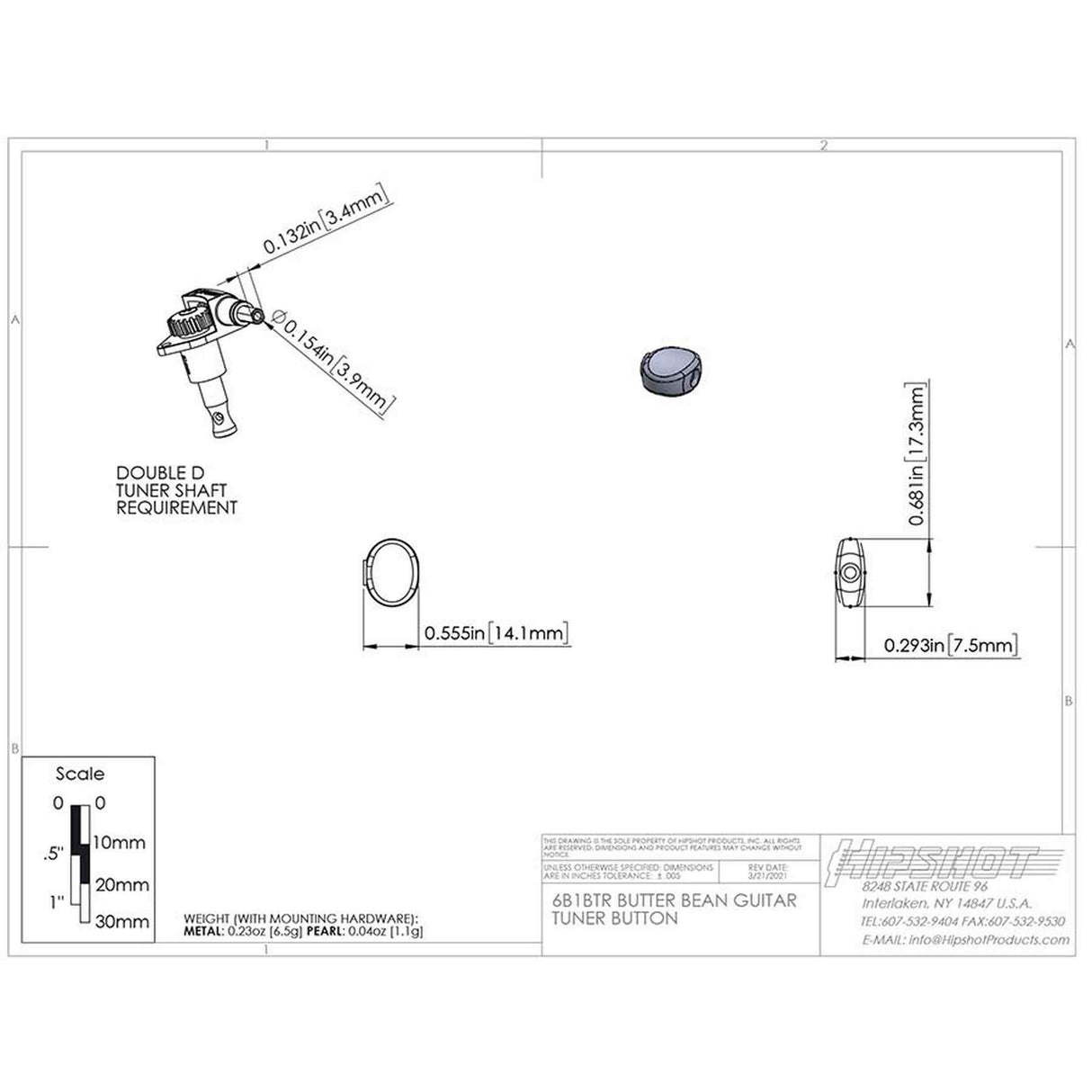 Hipshot HS6B1BTRS Butter Bean Stemknop voor Gitaarmechaniek Satin, per stuk