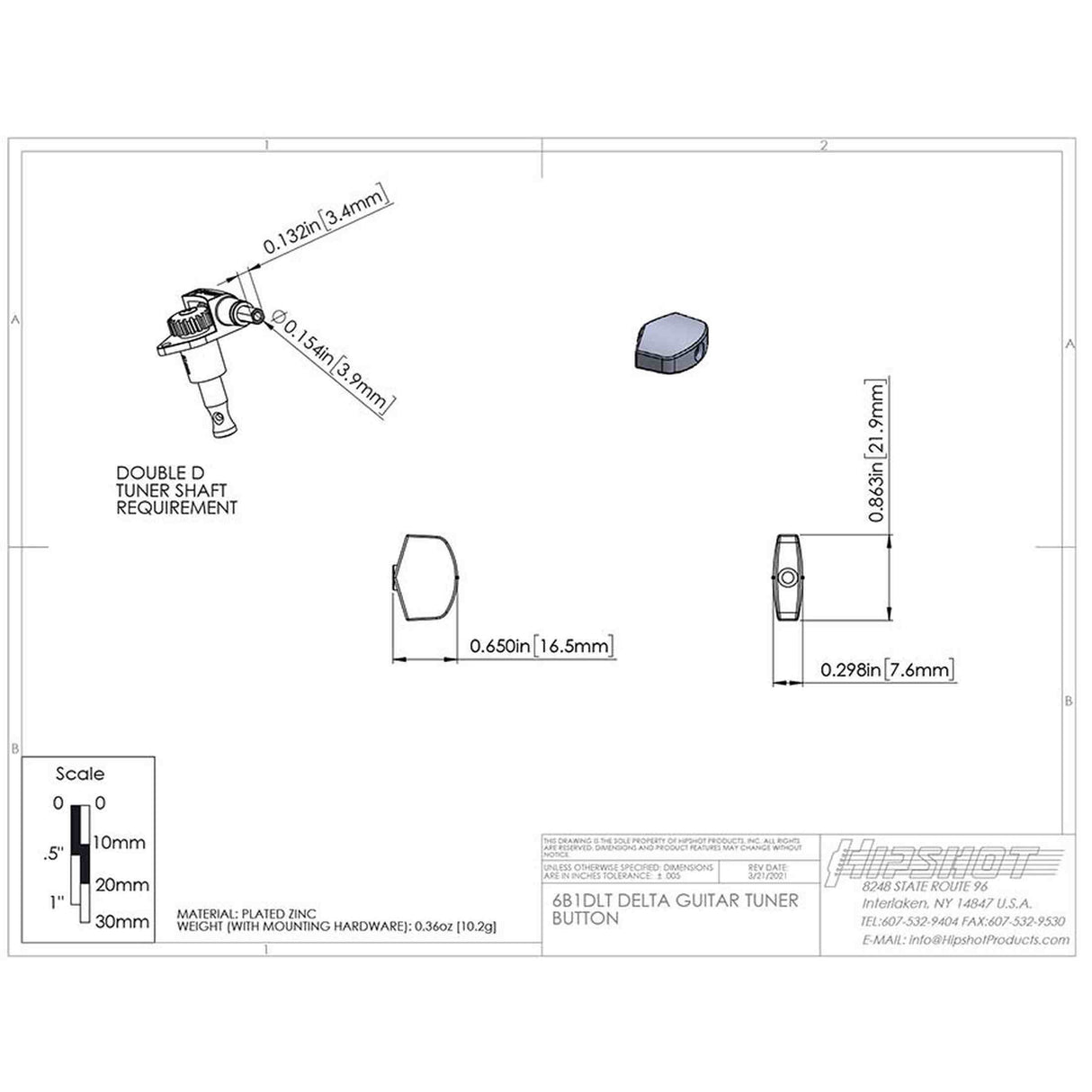Hipshot HS6B1DLTN Delta Stemknop voor Gitaarmechaniek Nickel, per stuk