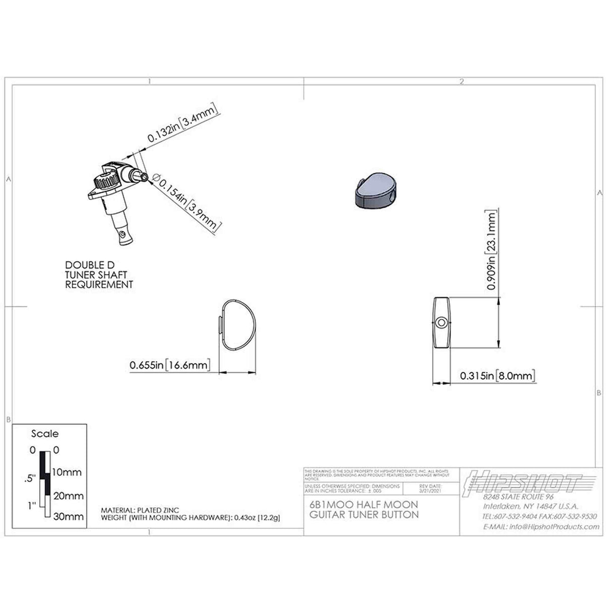 Hipshot HS6B1MOOG Half Moon Stemknop voor Gitaarmechaniek Gold, per stuk