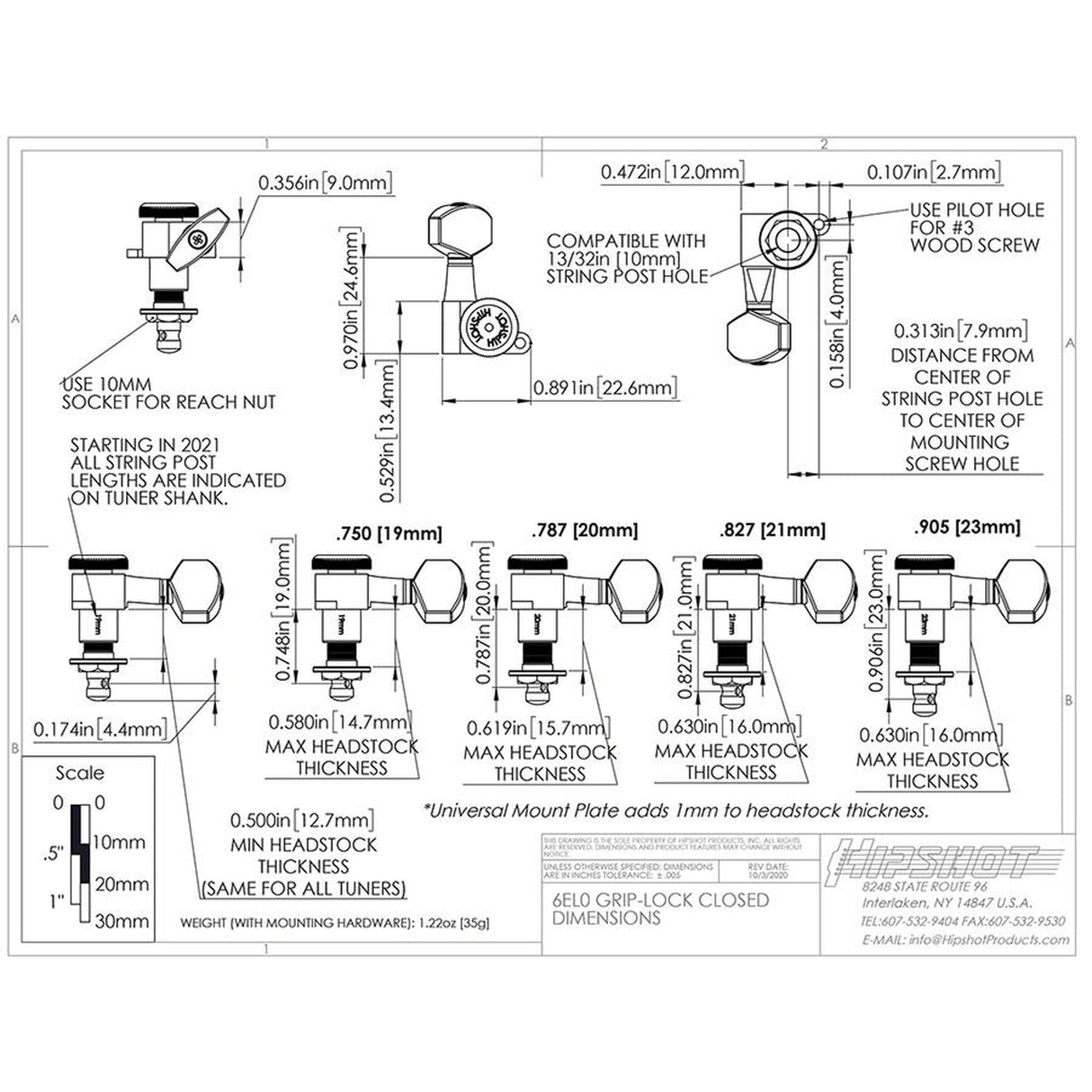Hipshot HS6K1EL0BST guitar tuner upgrade kit, 6 inline Grip-Lock, closed staggered black