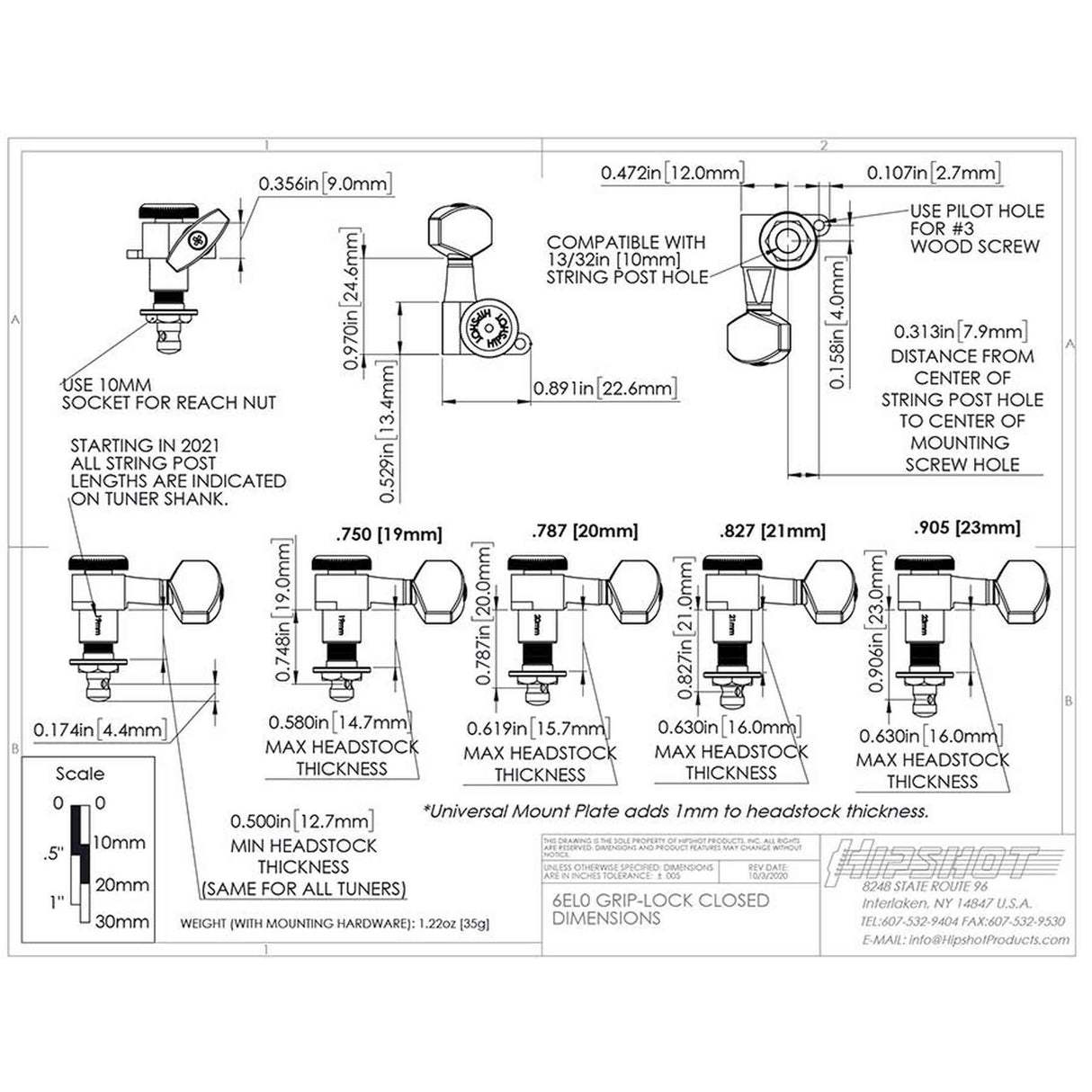 Hipshot HS6K2EL0N Gitaar tuner upgrade kit, 3 + 3 Grip-Lock, closed nikkel