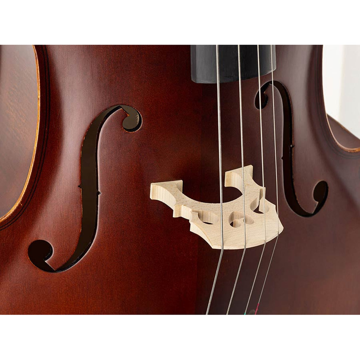 Leonardo LC-1344 cello 4/4, gelamineerd met gevlamde achterkant en zijkanten, ebbenhouten beslag, tas en strijkstok
