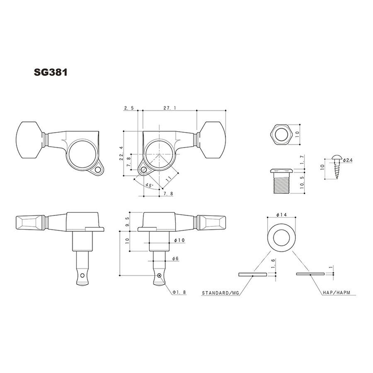 Gotoh SG-381-07-BC machine heads for guitar, 3x left+3x right, ratio 1:16, mini 07-style button, black