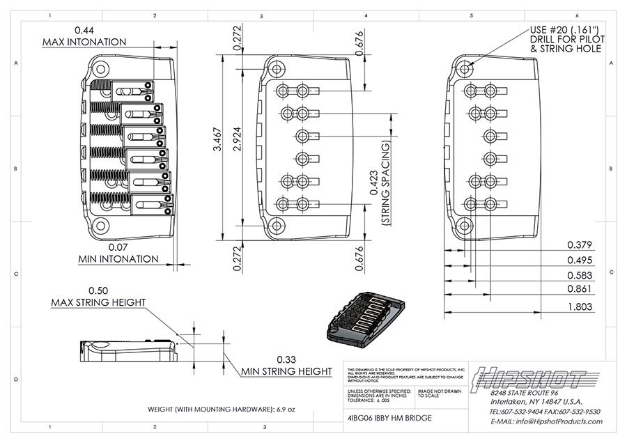 Hipshot HS4IBG06C Ibby HM Gitarrenbrücke – massives Messing mit Chrom-Finish