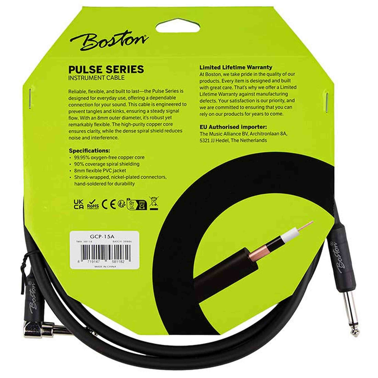 Boston GCP-15A Pulse Series instrumentkabel jack–haakse jack 1,5 meter