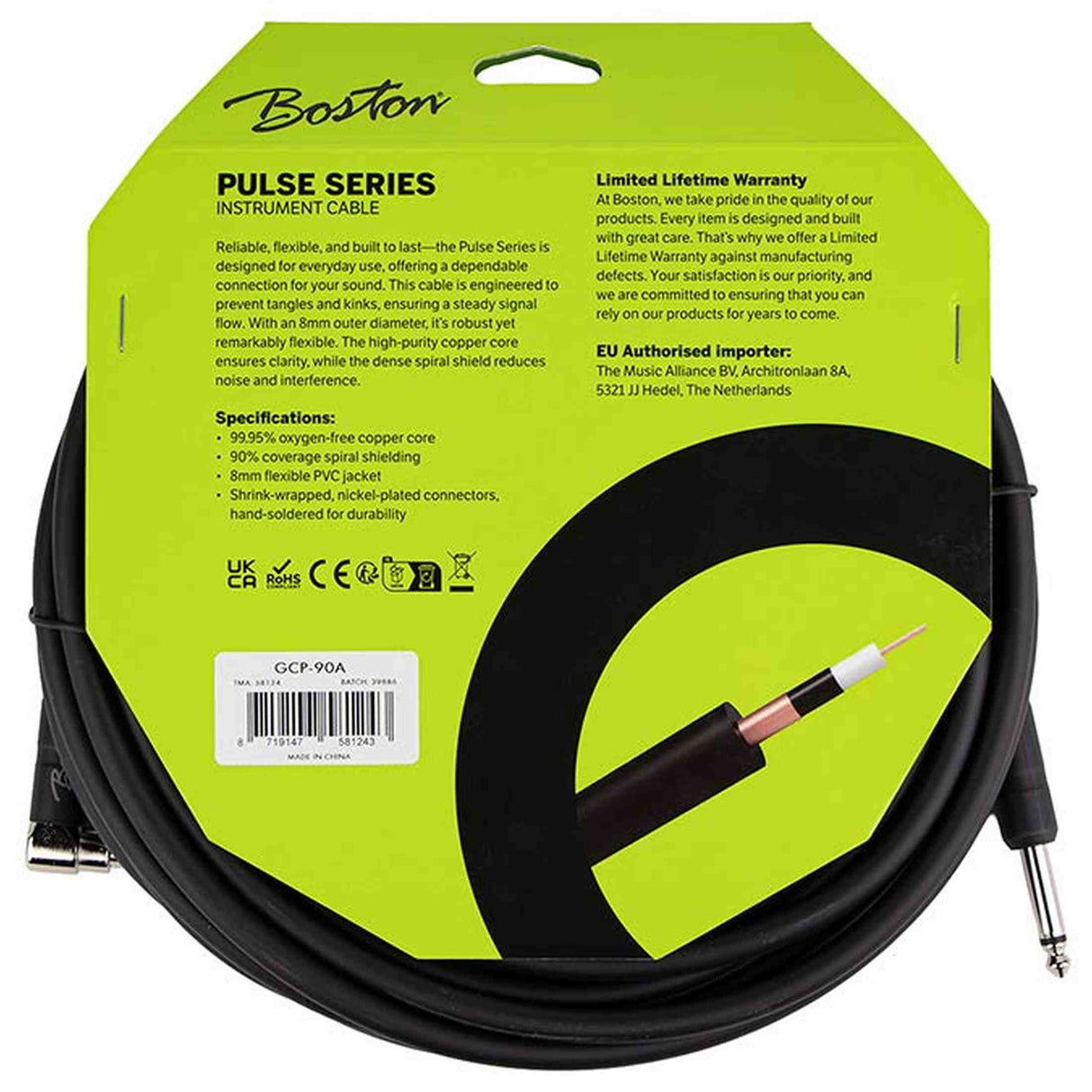 Boston GCP-90A Pulse Series instrumentkabel jack–haakse jack 9 meter