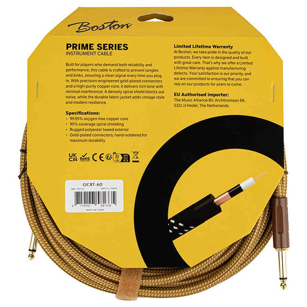 Boston GCRT-60 Prime Series woven jacket instrumentkabel jack-jack 6 meter yellow tweed