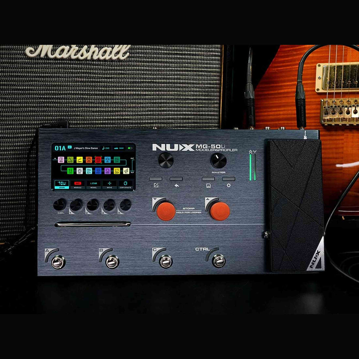 NUX MG-50Li DB Multi-Effects Processor met Amp Modeler, Profiler, Battery, USB Audio en Draagtas, Donkerblauw