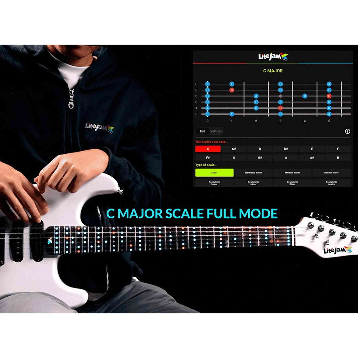 Litejam RGB24/BK Smart Learning Elektrische Gitaar Set Black 24 frets HSH RGB LED