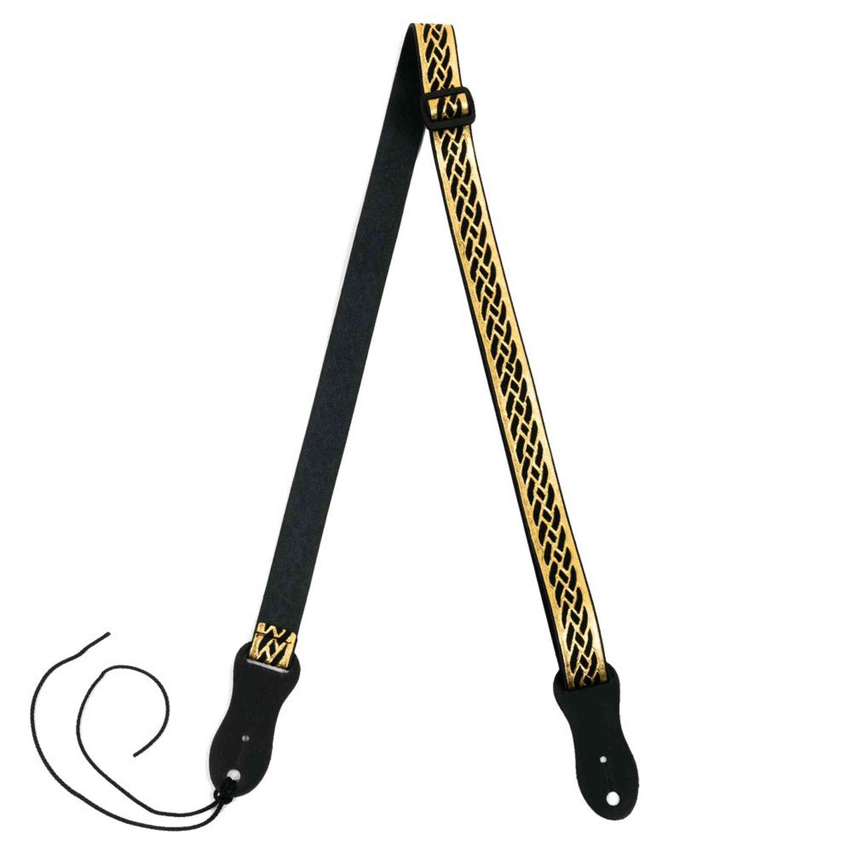 Flight S47 Schwarzer Gold-Ukulelengurt aus veganem Nubukleder mit Flechtmuster und Kopfplattenbefestigung