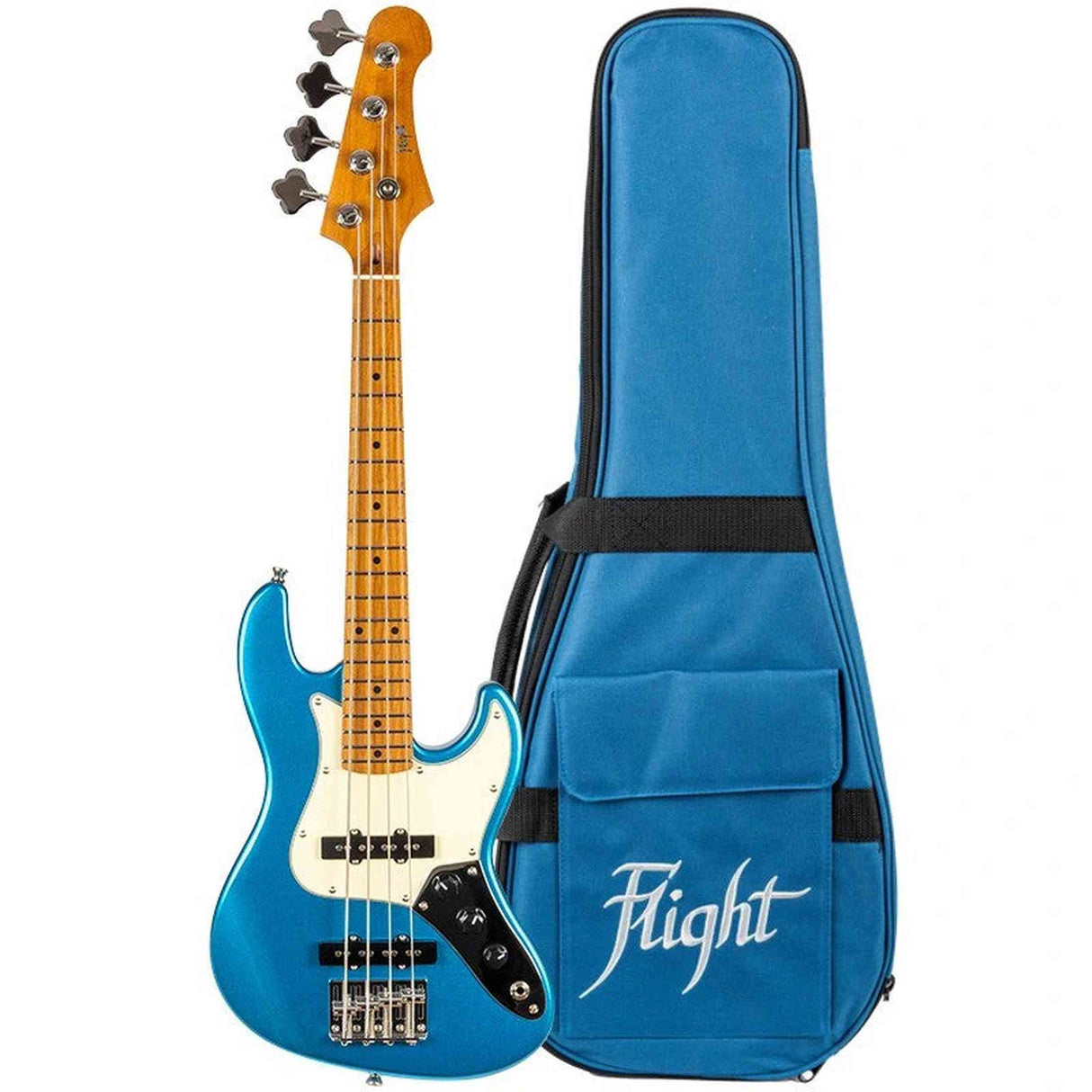 Flight Mini JB Bass LPB Elektrische Mini Bas Ukulele Metallic Blue met Dual Pickups en 584 mm Mensuur