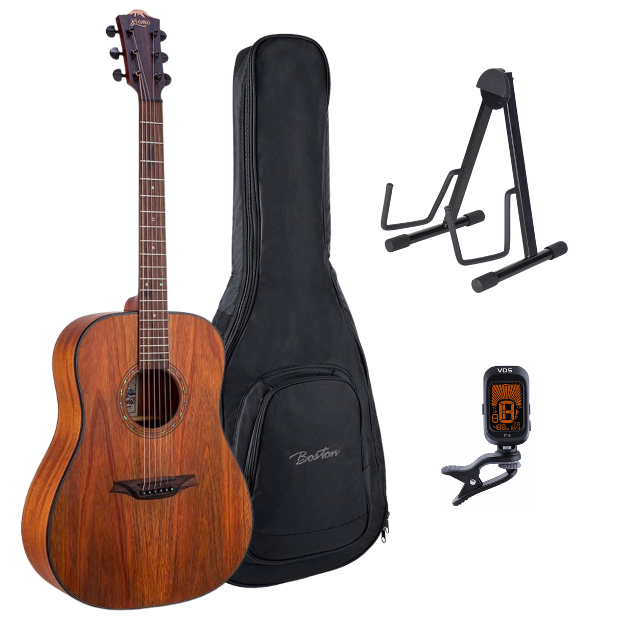 Bromo BAT1M Tahoma Series Gitaarset – Dreadnought met Massief Mahonie Bovenblad, Gigbag, Standaard en Tuner