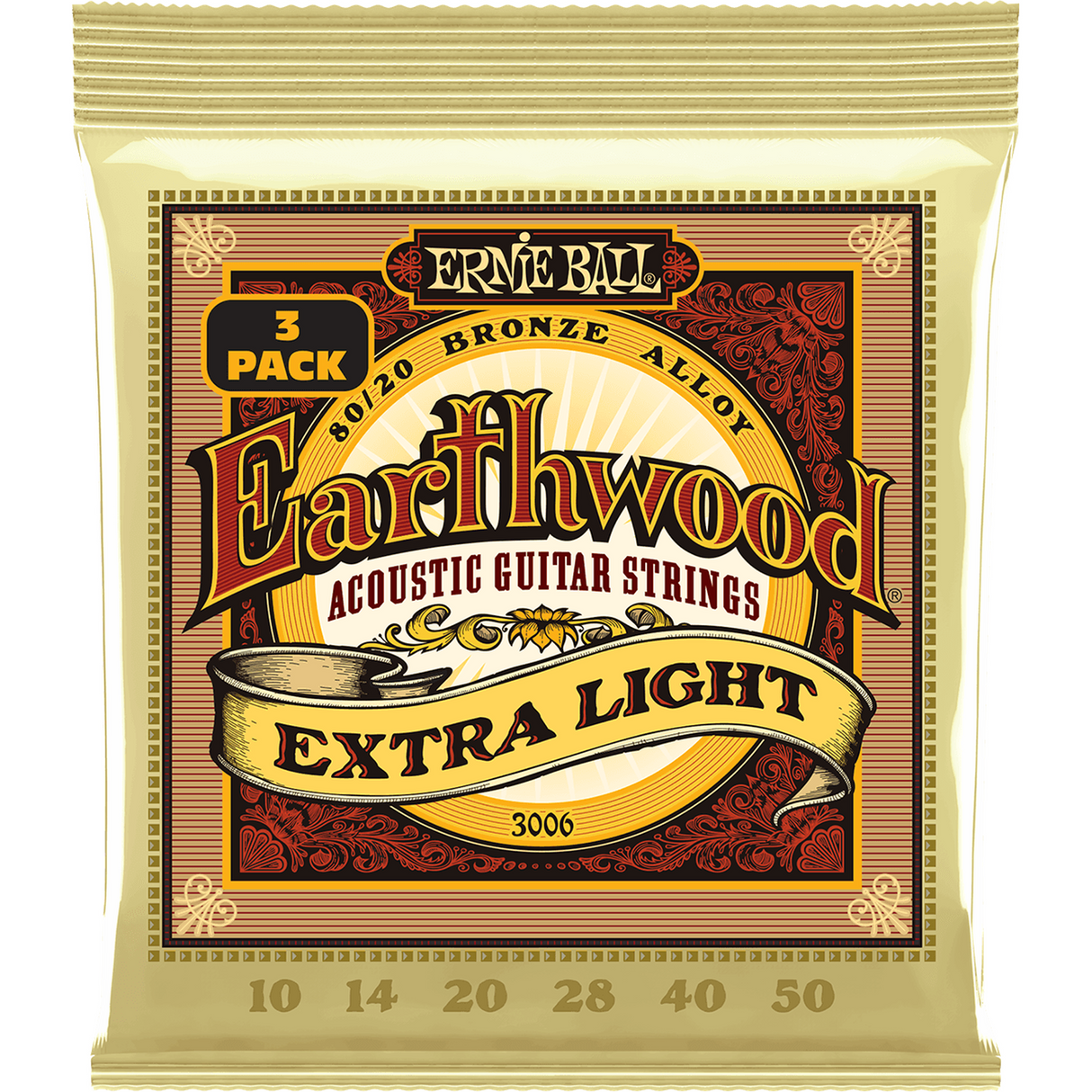 Ernie Ball 3006 Akoestische Gitaarsnaren 80/20 Brons Extra Light 10–50 3-Pack