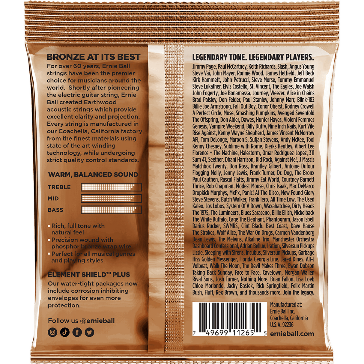 Ernie Ball 3546 Earthwood Fosforbrons Akoestische Gitaarsnaren Medium Light 12–54 3-Pack