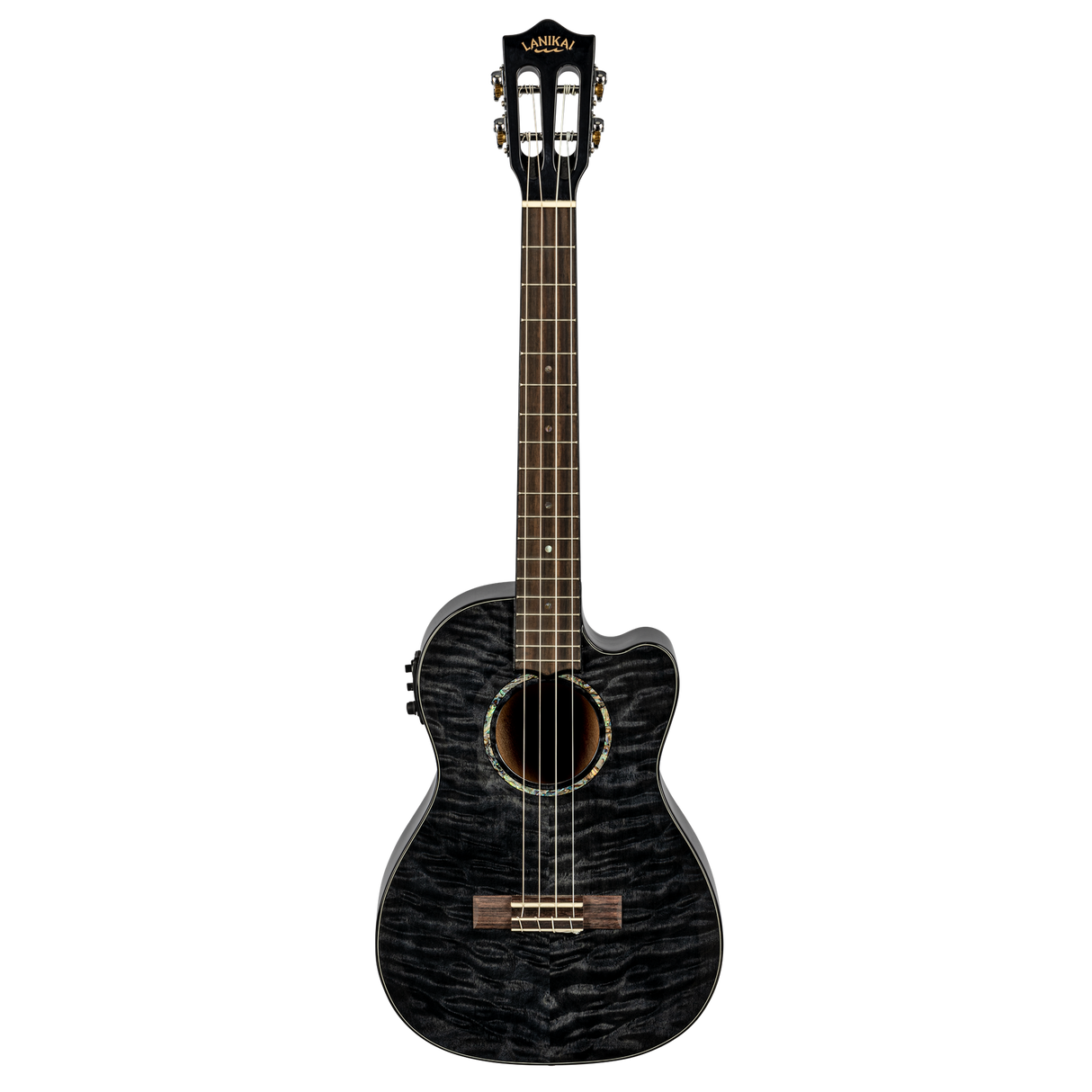 LANIKAI LKUQMBKCEB Baritonukulele, Quilted Maple Series, zwart, Cutaway, Preamp,