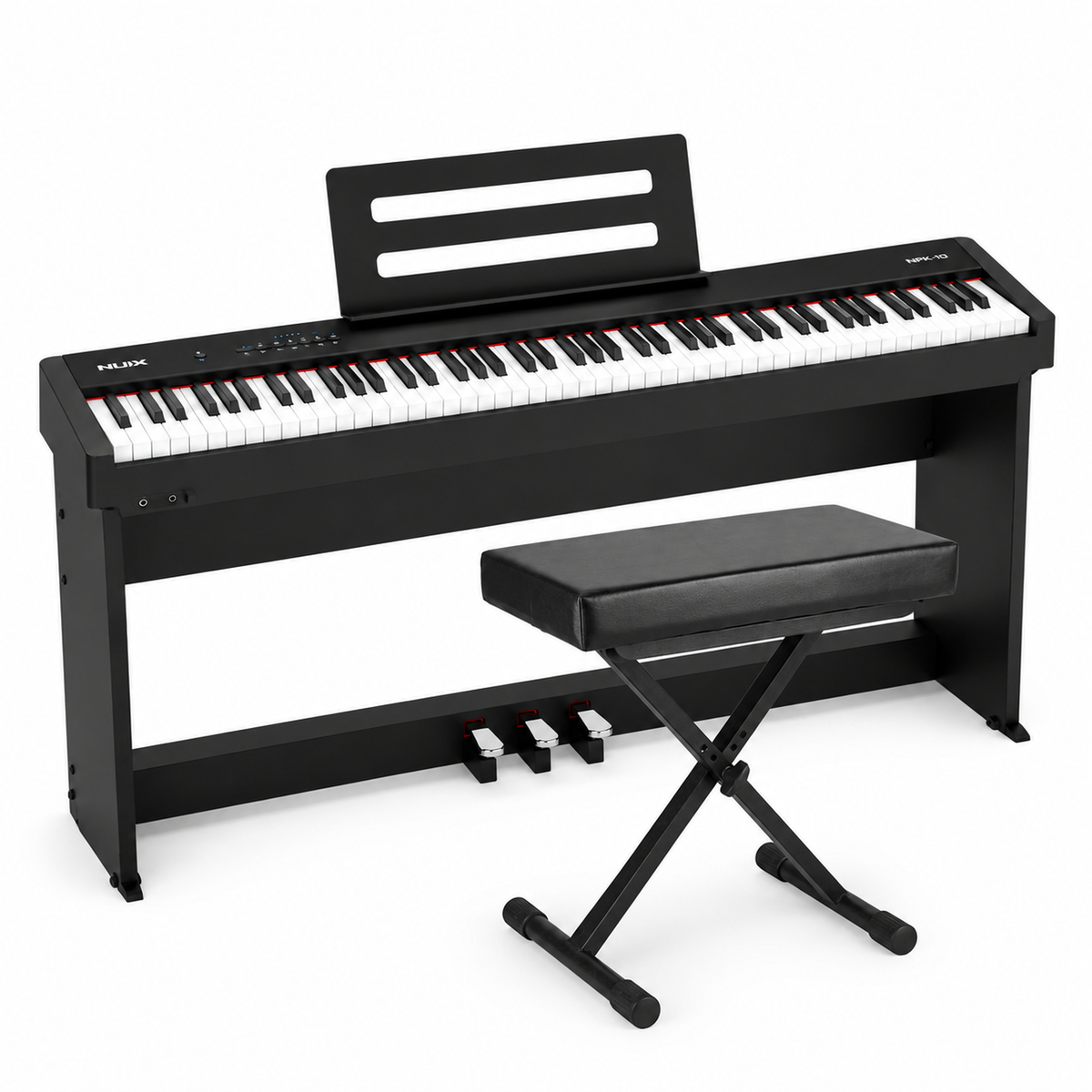 NUX NPK-10 digitale stage piano zwart met NPS1 standaard, 88 toetsen en kruk