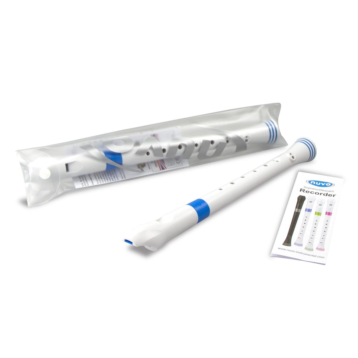 NUVO B300 BL sopraanblokfluit wit-blauw barok vingerzetting met etui en motivatieringen