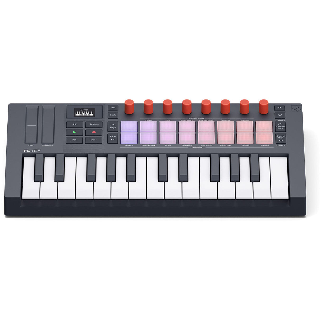 Novation FLkey2 Mini 25 toetsen, 16 pads, 8 knoppen, OLED display, grijs
