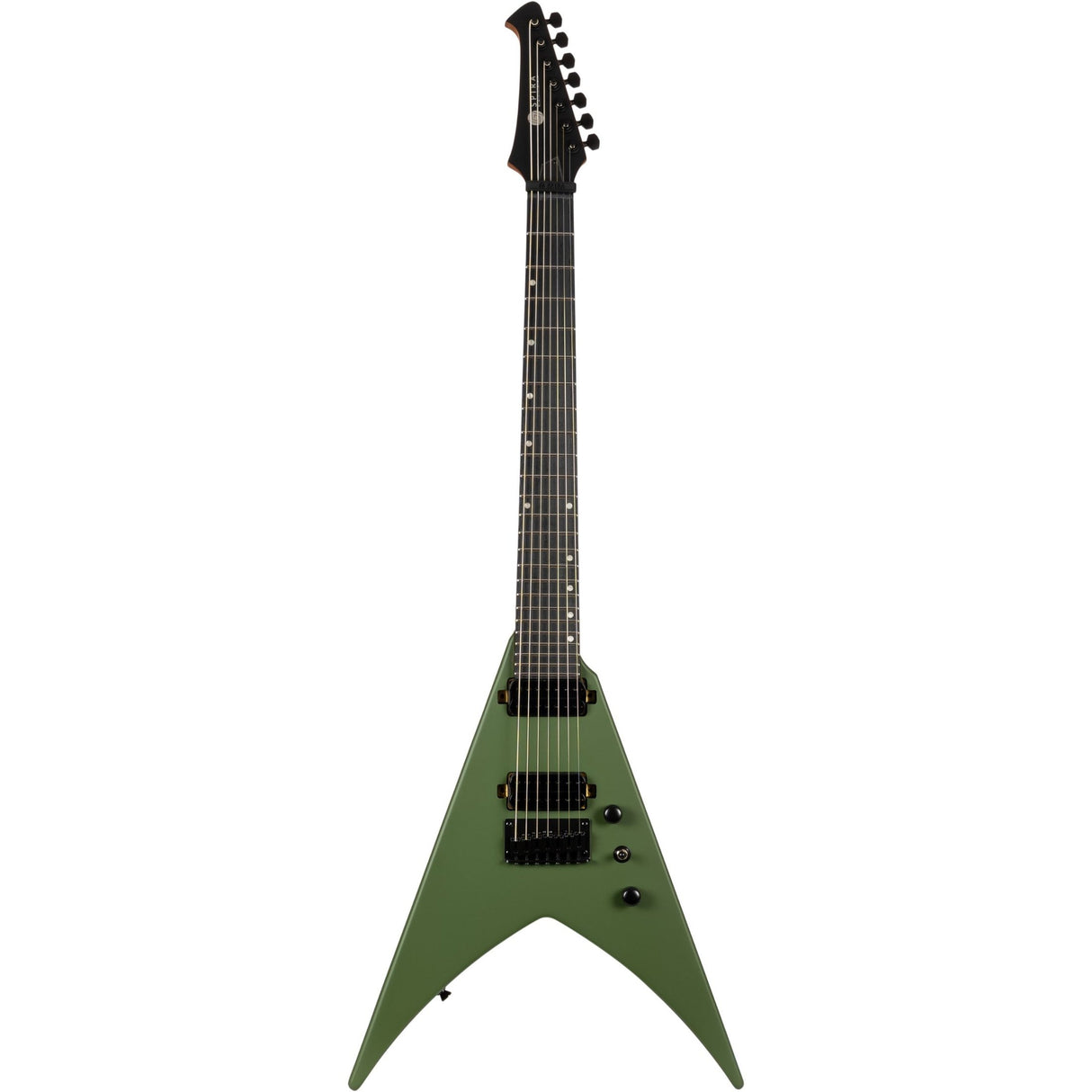 Spira V-407 MGR V-Style 7-Snarige Elektrische Gitaar HH Villain Humbuckers Roasted Poplar Satin Green