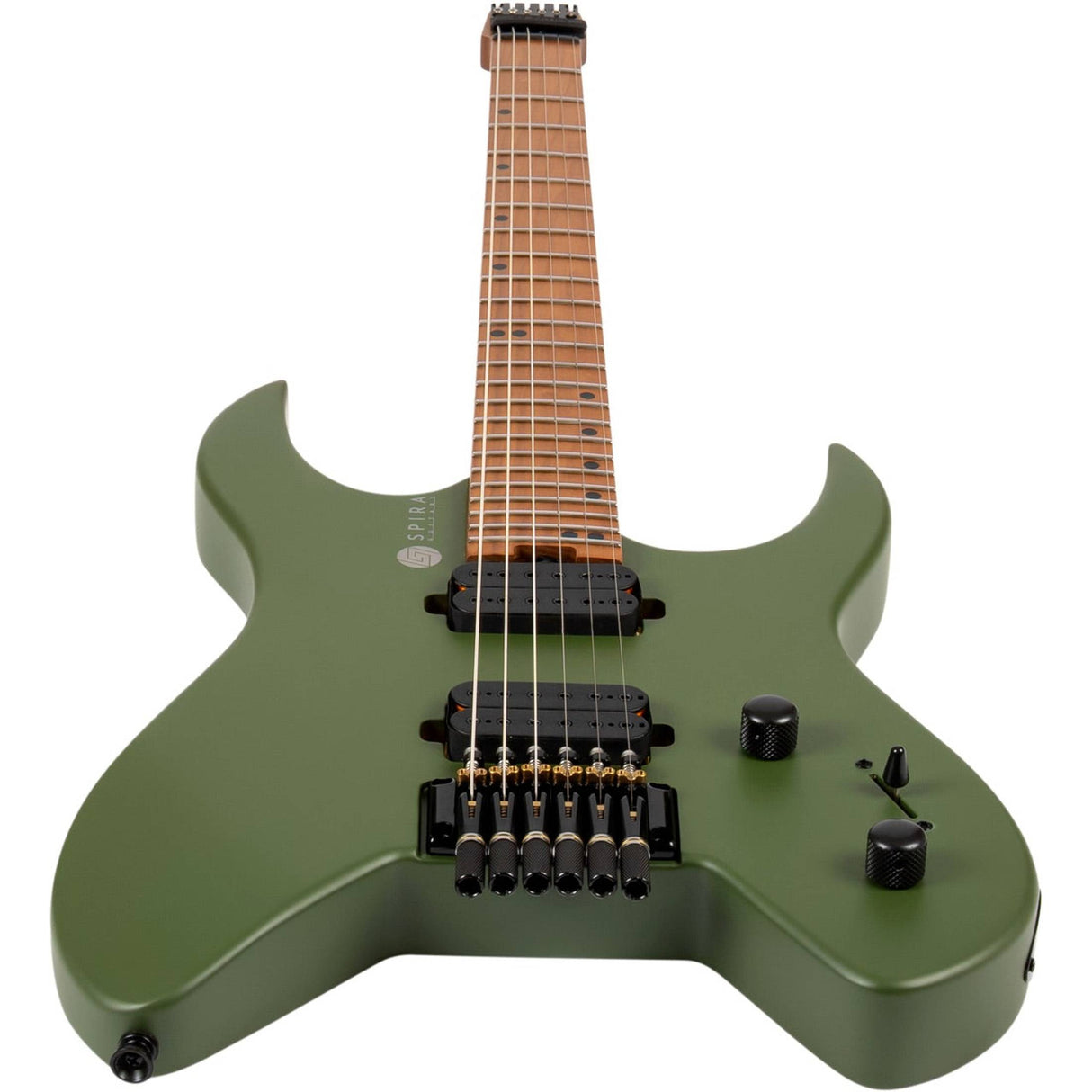 Spira S-400 MGR Headless S-Style Elektrische Gitaar HH Villain Humbuckers Roasted Poplar Satin Green