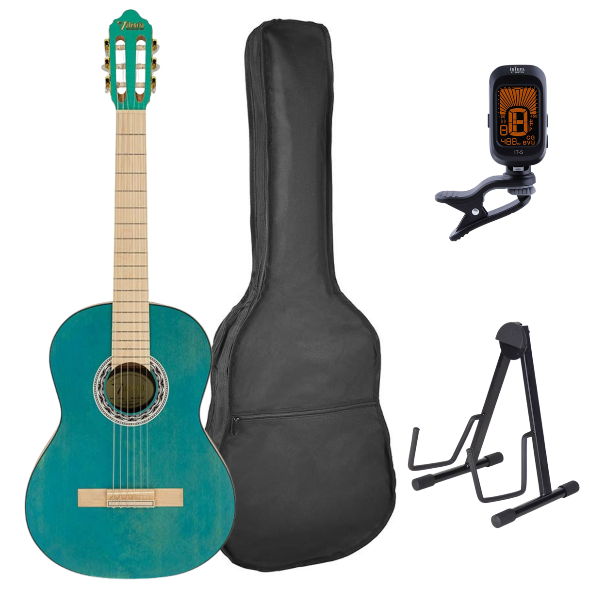 Valencia VC354HAB Klassieke Gitaar 4/4 – Sitka Spar & Mahonie, Aqua Blauw, Inclusief Tas, Standaard en Stemapparaat
