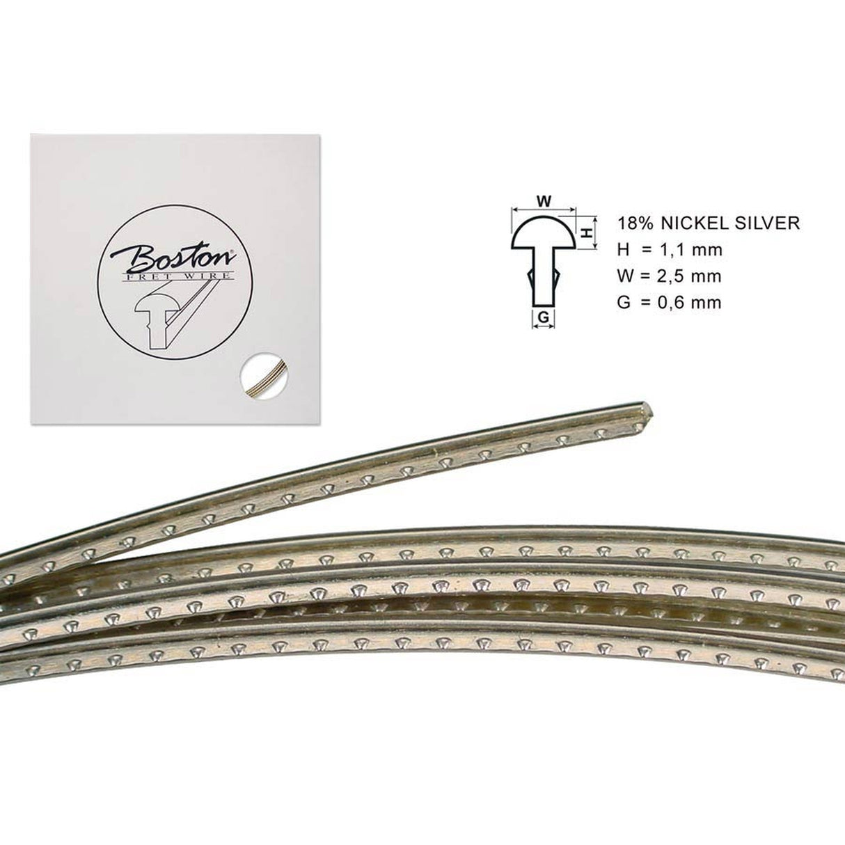 Boston FW-1125068 fretwire, 5 m., 18% nickel silver, h=1,1 w=2,5 g=0,6mm, alternative for 6170, modern ST and TE