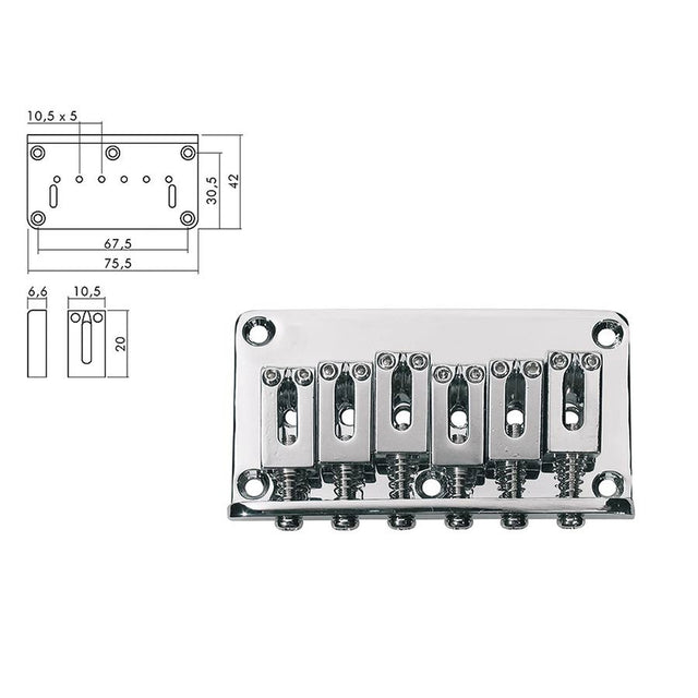 Boston B-1504-C brug-staartstuk, Stallion, pitch 10,5mm, strings through body, chroom