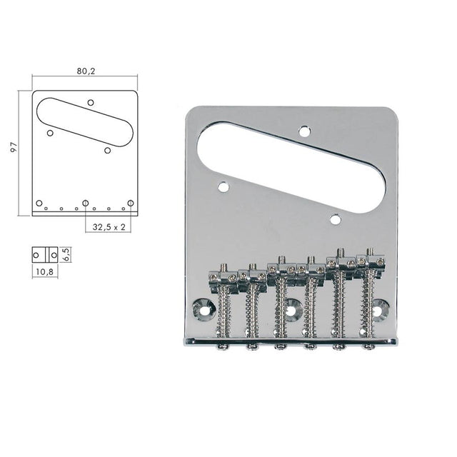 Boston T-64-C brug-staartstuk, Teaser, grooved saddles, flat plate, strings-in-bridge or through-body, chroom