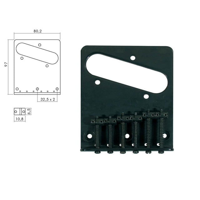 Boston T-64-B brug-staartstuk, Teaser, grooved saddles, flat plate, strings-in-bridge or through-body, zwart