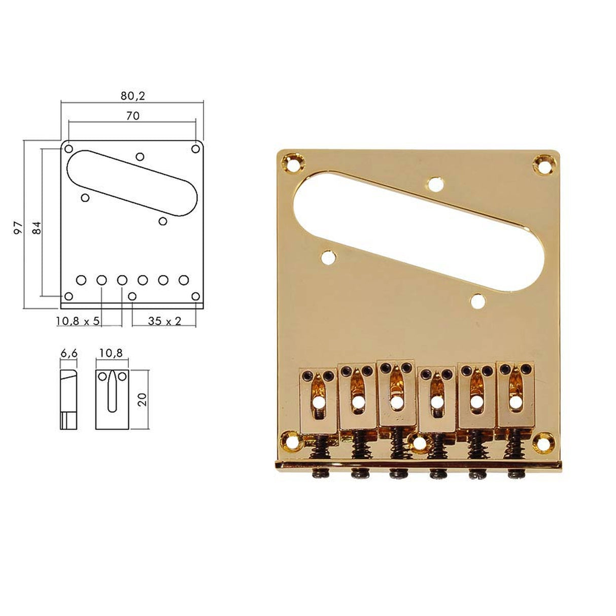 Boston T-66-G brug-staartstuk, Teaser, block saddles, flat plate, goud