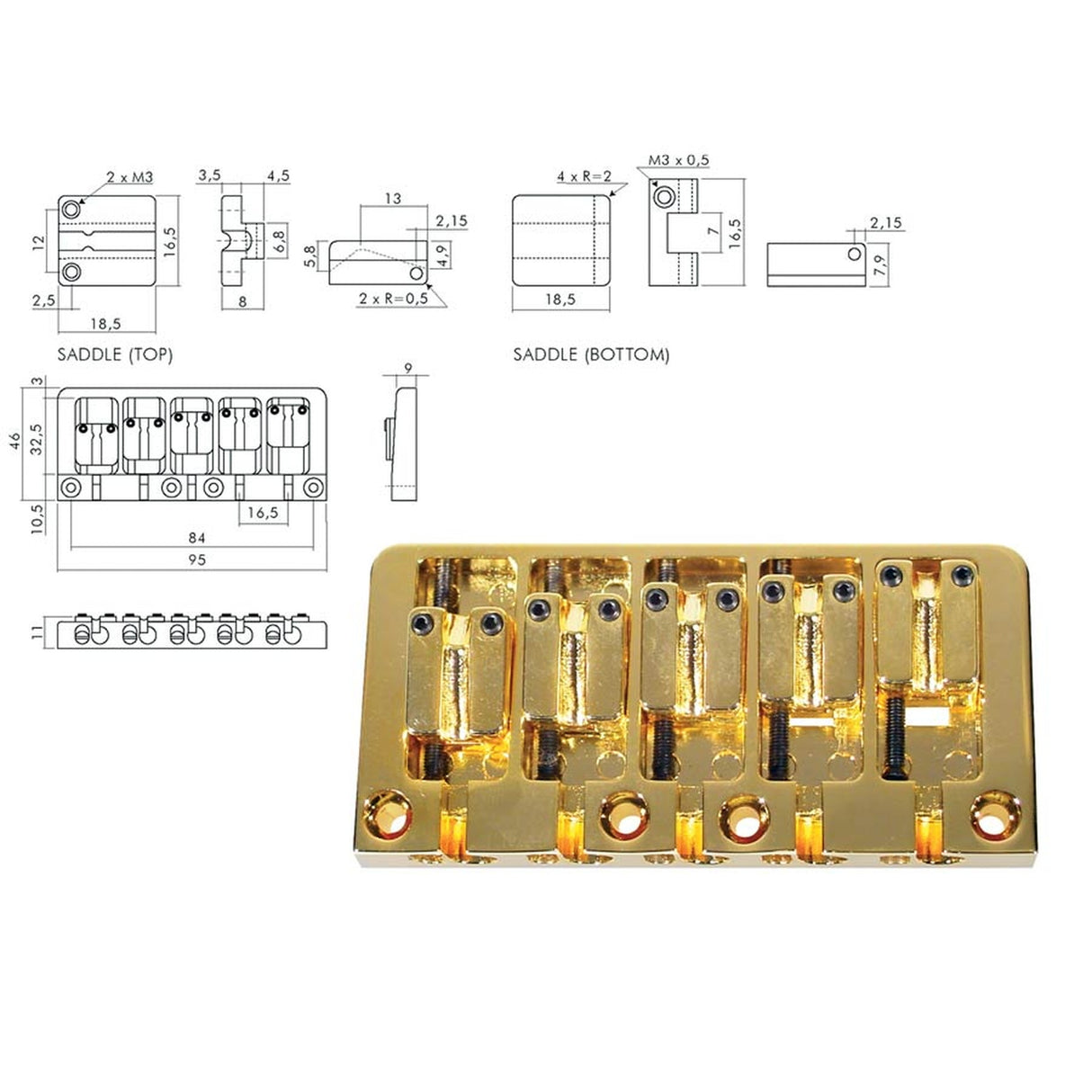 Boston BB-705-G brug-staartstuk, WMI-model, goud, 5-string, pitch 16,5mm