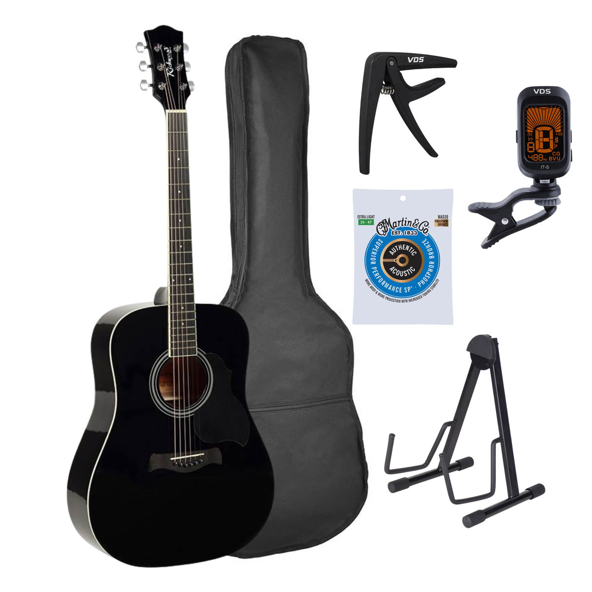 Richwood RD-12-BK Artist Series Dreadnought Akoestische Gitaarset Zwart met Capo, Stemapparaat, Tas, Standaard en Extra Snaren