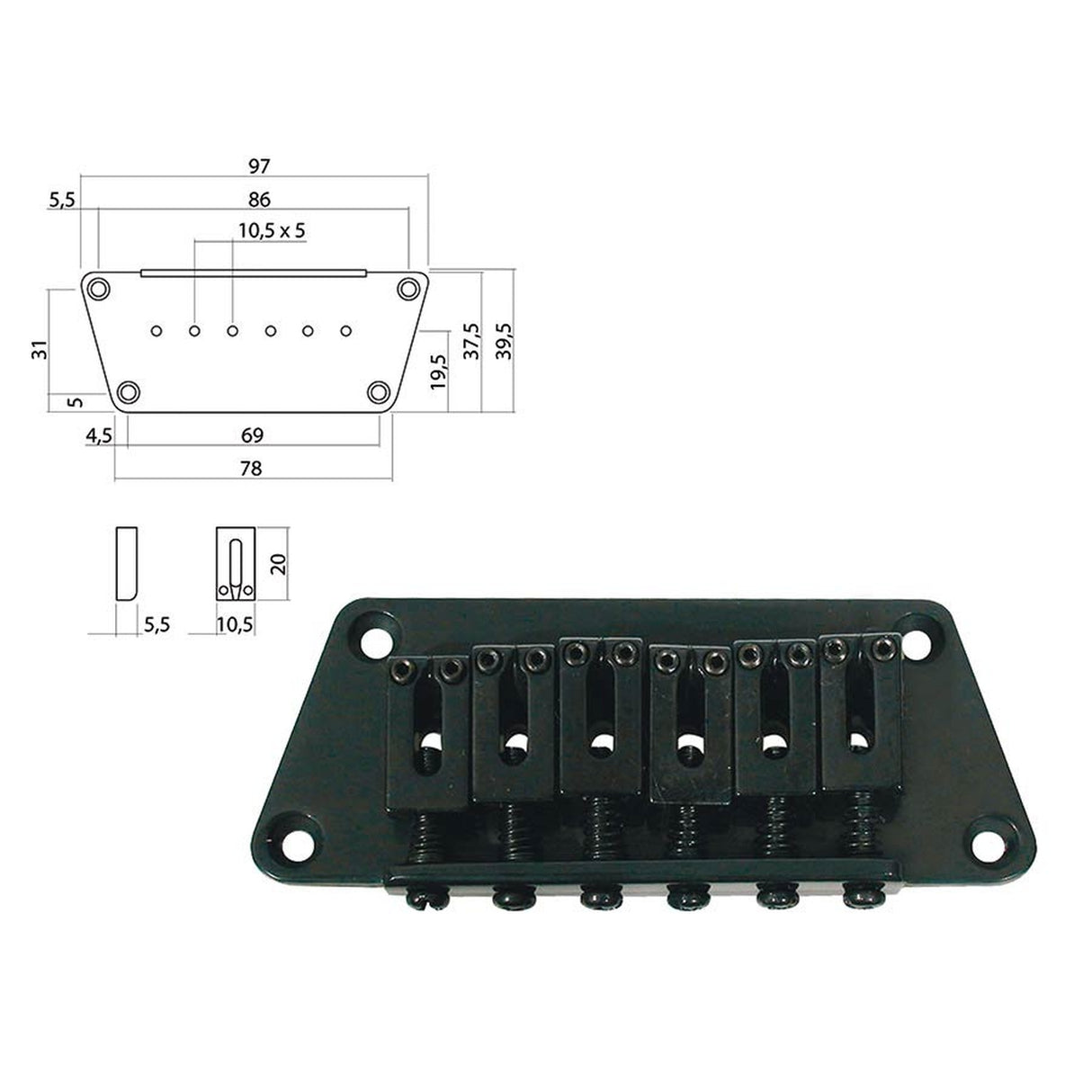 Boston B-1540-B brug-staartstuk, Stallion, pitch 10,5mm, zwart