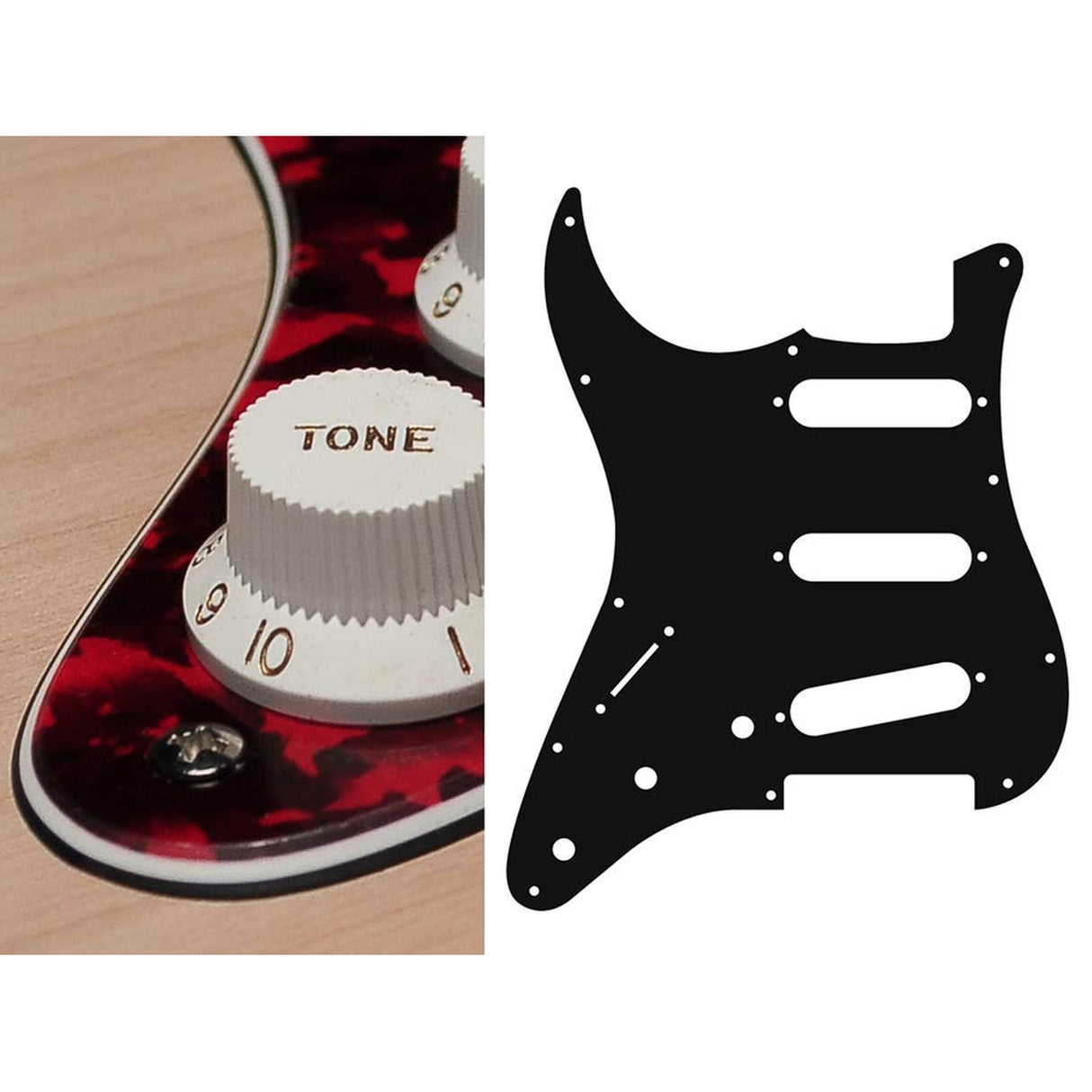 Boston SL-313-RR pickguard, Stallion, standard, SSS, 3 pot holes, 3-5 switch, lefthanded, 3 ply, tiger red