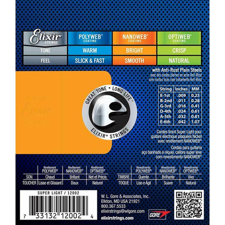 Elixir EL-12002 snaren set elektrisch coated, extra light, 009-011-016-024-032-042