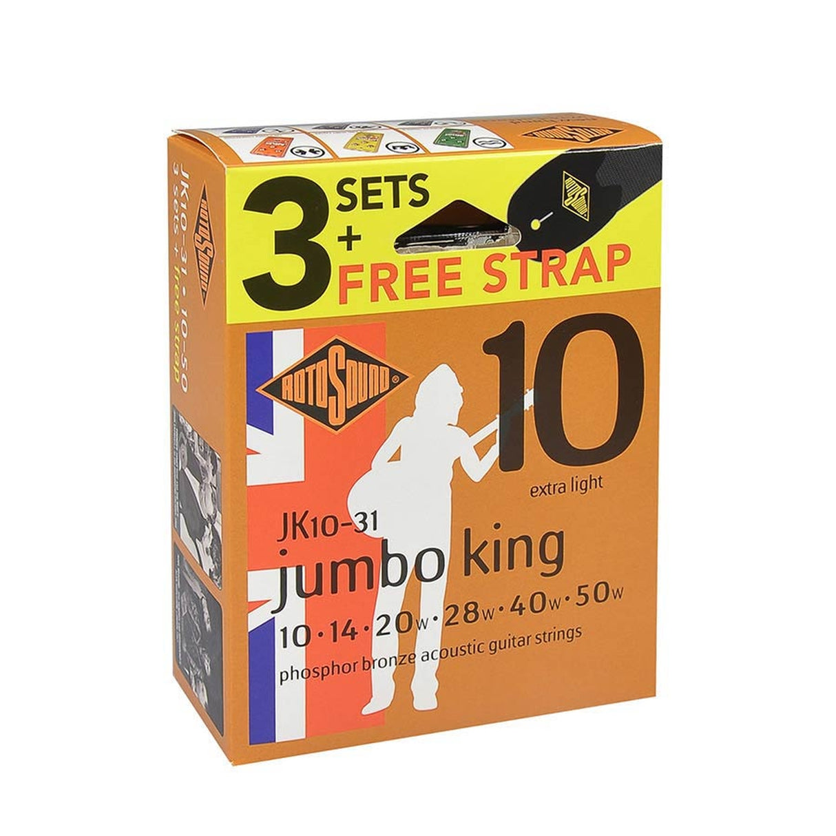 Rotosound JK10-31 Jumbo King 010 3-pack met gitaarriem snarenset akoestisch