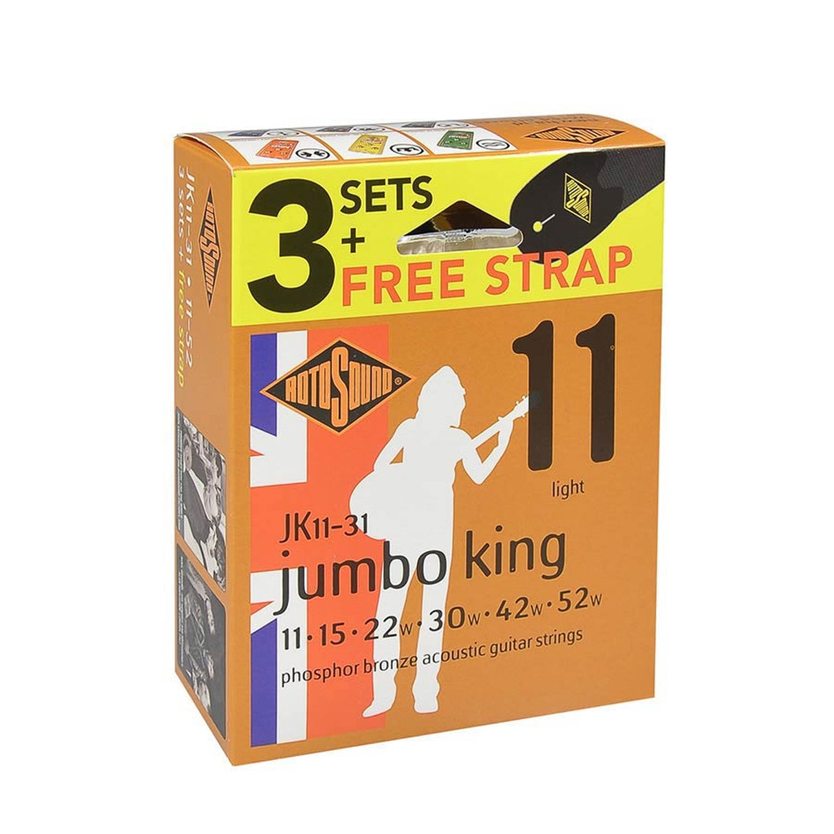 Rotosound JK11-31 Jumbo King 011 3-pack met gitaarriem snarenset akoestisch