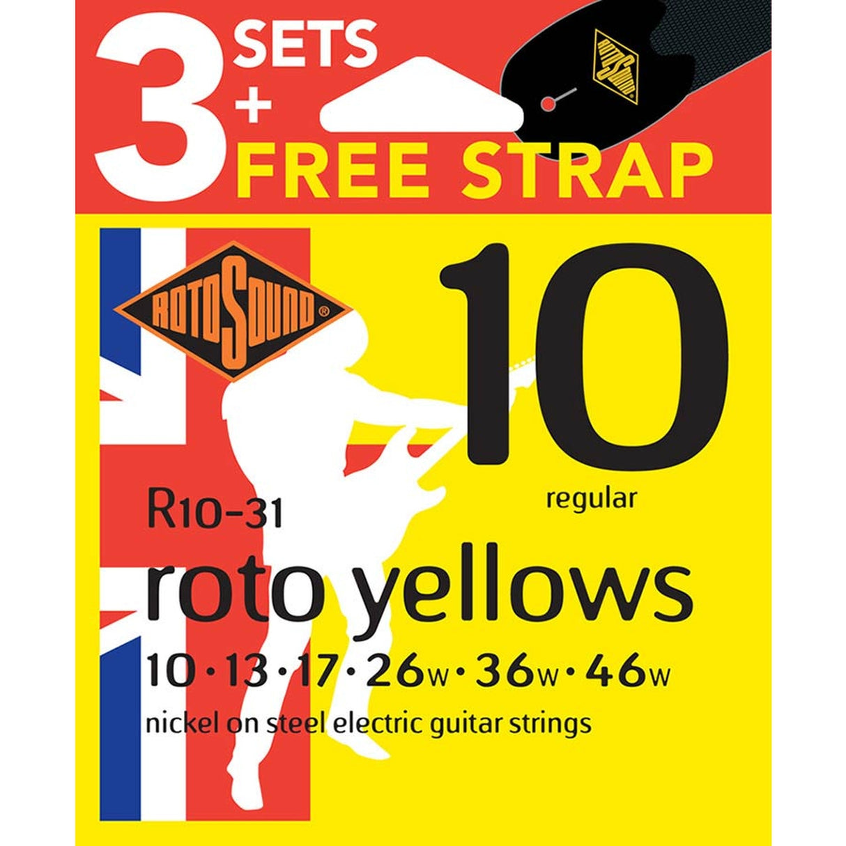 Rotosound R10-31 Rotoyellows 3-pack met gratis gitaarriem