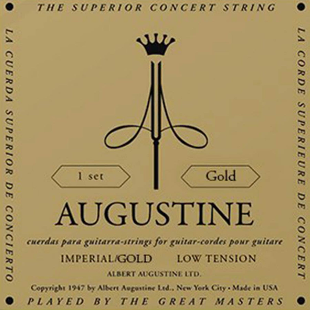 Augustine AU-IMGO Gold snaren set classic, medium tension trebles & light tension basses brass plated