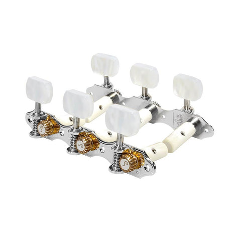 Schaller 6101636011 machine heads pearloid white pegs, white string rollers, nickel