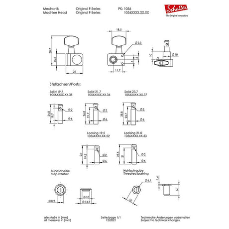 Schaller 5602200150 machine heads 6L with small metal pegs, staggered locking shaft, chrome