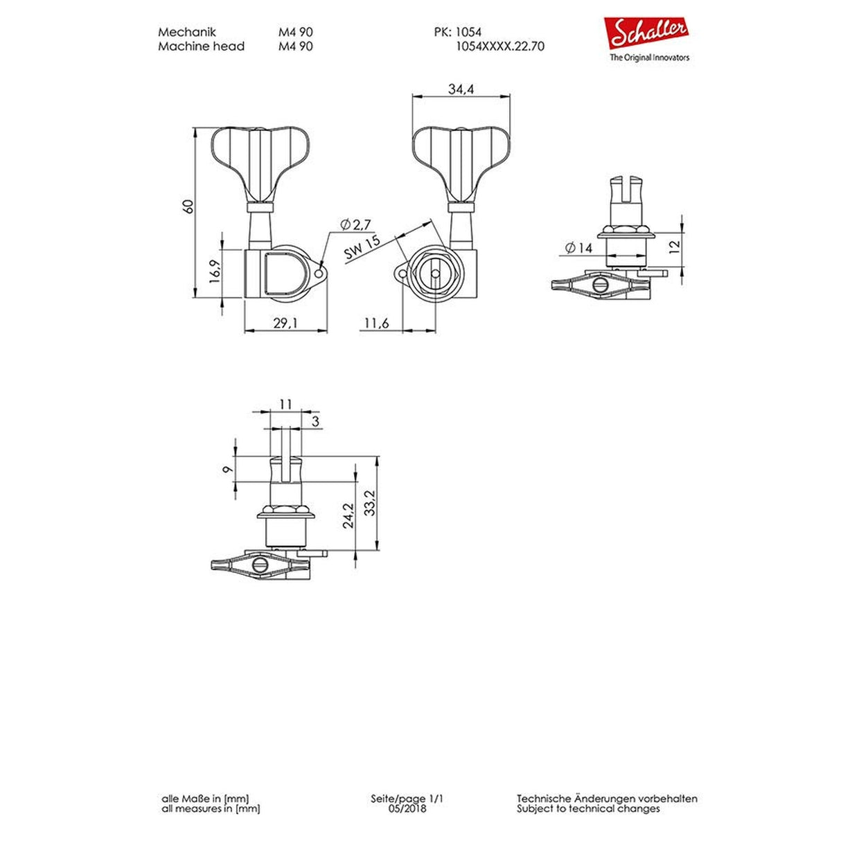 Schaller 5404032270 machine heads 2L2R with M4 light pegs, splitted shaft, black chrome