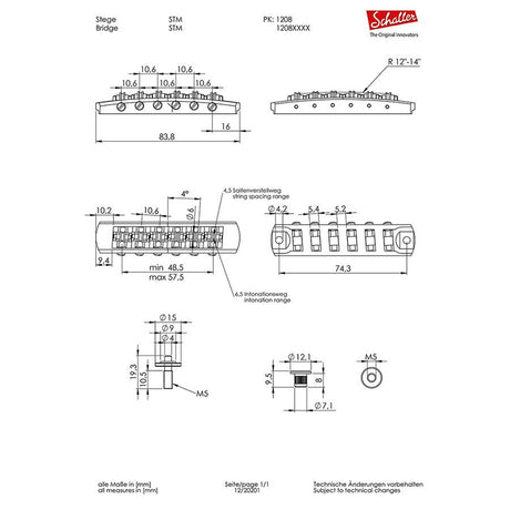 Schaller 12080100 STM guitar roller bridge for tremolo use , 10,6mm spacing, 14"radius, nickel