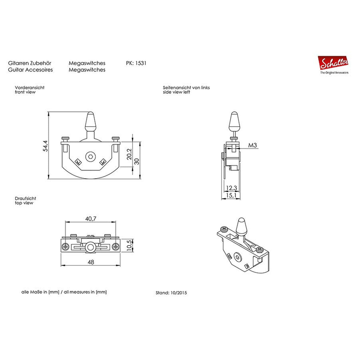 Schaller 15310002 Megaswitch E lever switch 5-way, 40,7mm spacing, bolts included, black cap