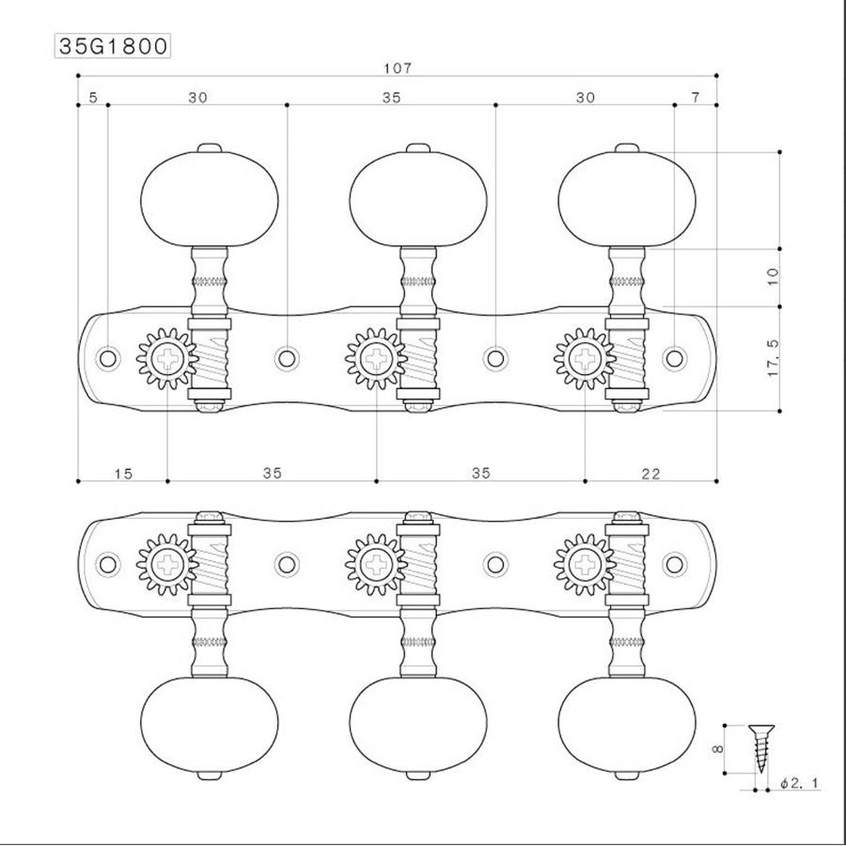 Gotoh 35G-1800-BB Machine Heads voor Klassieke Gitaar - Zwarte Knop, Nylon Shaft, 3x Links & 3x Rechts